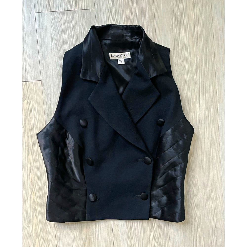bebe Black Double-Breasted Wool Satin Lined Vest Size 4 Y2K 90s Whimsigoth